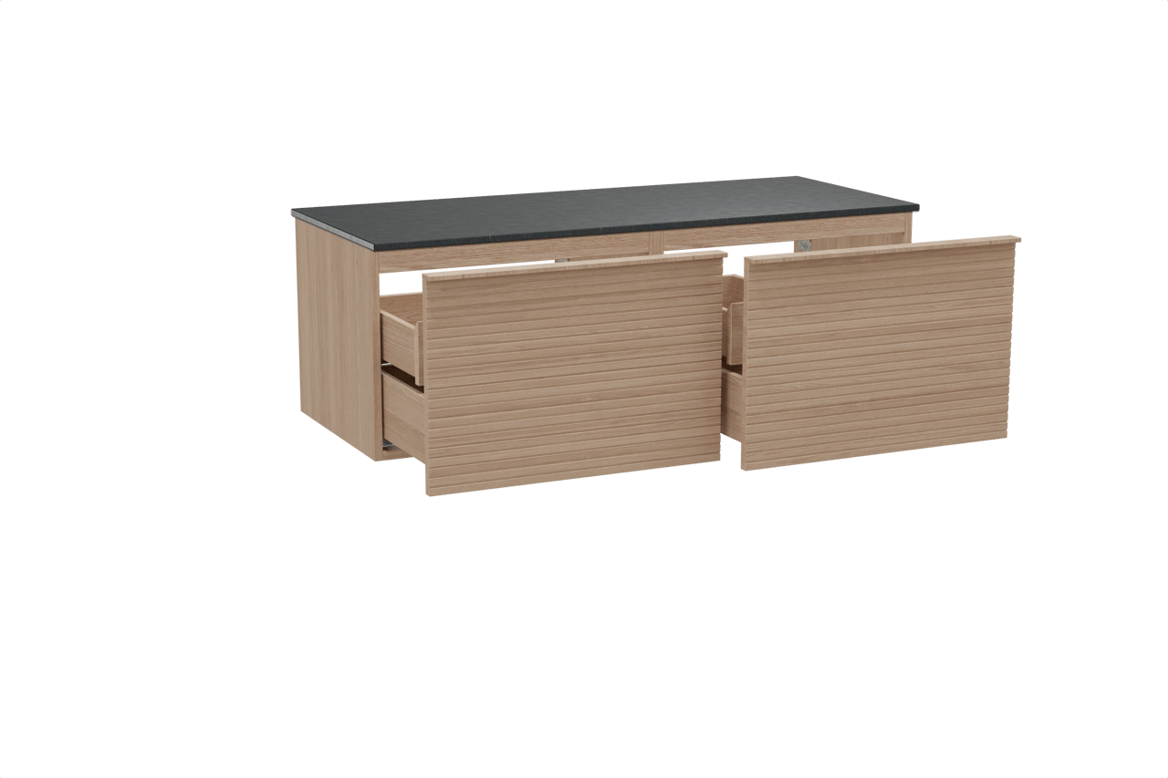 Balmani Forma hängendes Möbelstück Set: 135 x 55 cm, Naturbelassene Eiche, mit Stretto Einzel- oder Doppel Waschtischplatte, Granit, Schwarzes Granit, Horizontale symmetrische gerade Rippe