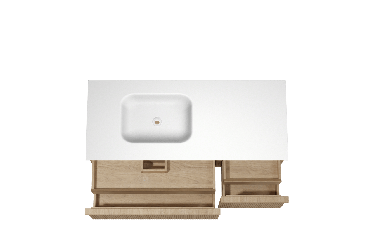 Balmani Forma hängendes Möbelstück Set: 135 x 55 cm, Naturbelassene Eiche, mit Tablo Arcato Waschtisch links, Solid Surface, Weiß matt, Vertikale symmetrische gerade Rippe