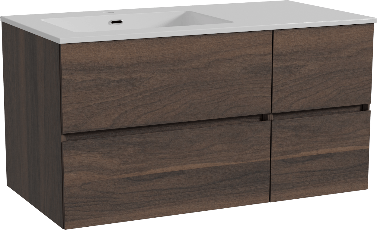 Storke Edge zwevend badkamermeubel 100 x 52 cm notelaar met Diva asymmetrisch linkse wastafel in composietmarmer glanzend wit