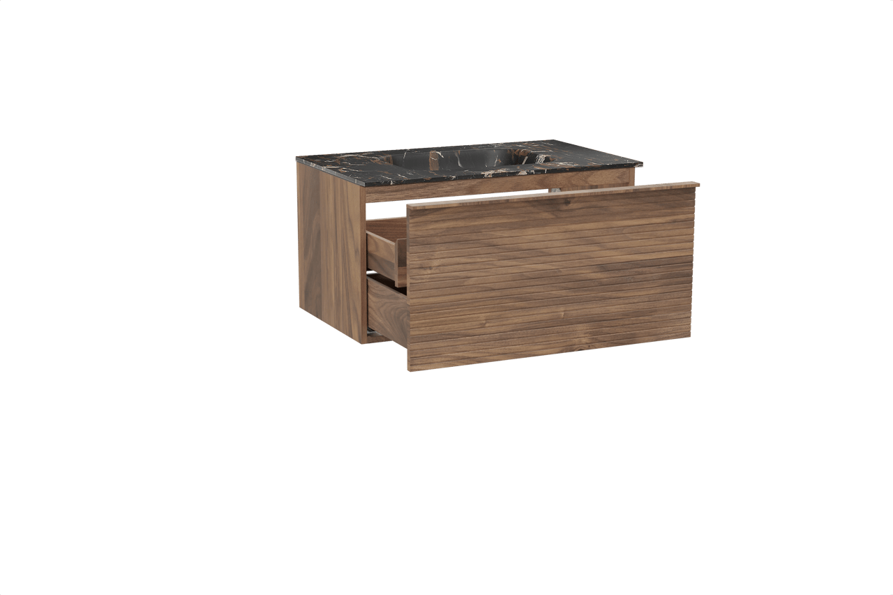 Balmani Forma hängendes Möbelstück Set: 90 x 55 cm, Amerikanischer Nussbaum, mit Tablo Arcato Einzelwaschtisch, Marmor, Portoro Gold, Horizontale symmetrische gerade Rippe