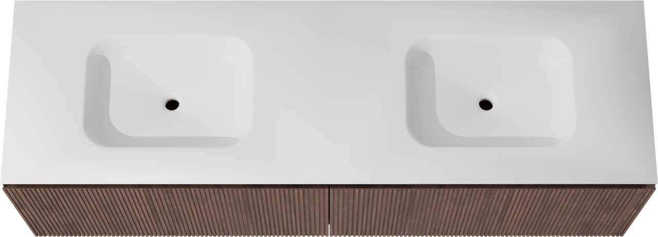 Balmani Eclips hängendes Möbelstück Set: 180 x 55 cm, Amerikanischer Nussbaum, mit Eclips Doppelwaschtisch Solid Surface Weiβ matt, Vertikale symmetrische gerade Rippe