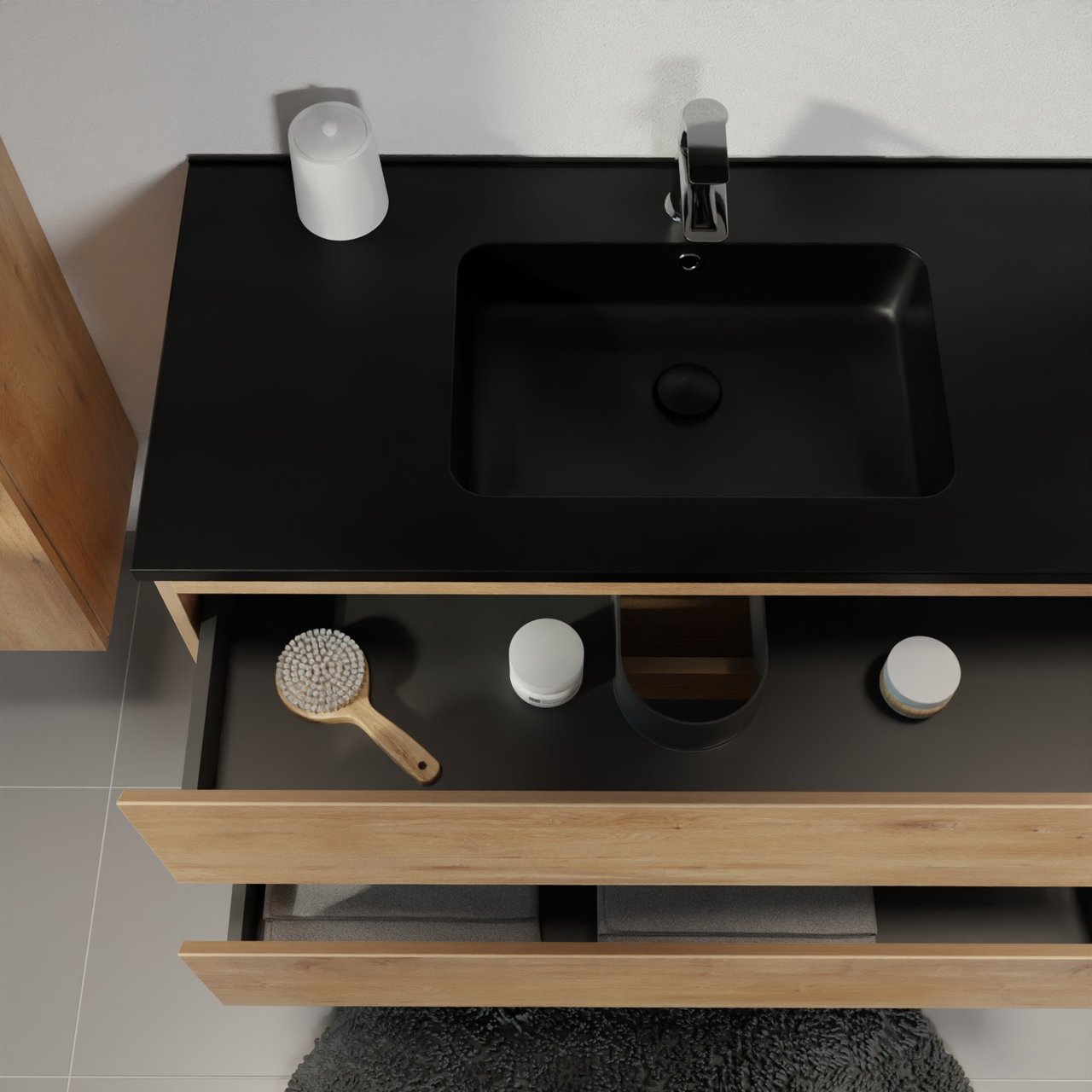 Linie Lado meuble salle de bains suspendu 70 x 46 cm chêne naturel avec Vano plan simple en marbre composite noir mat