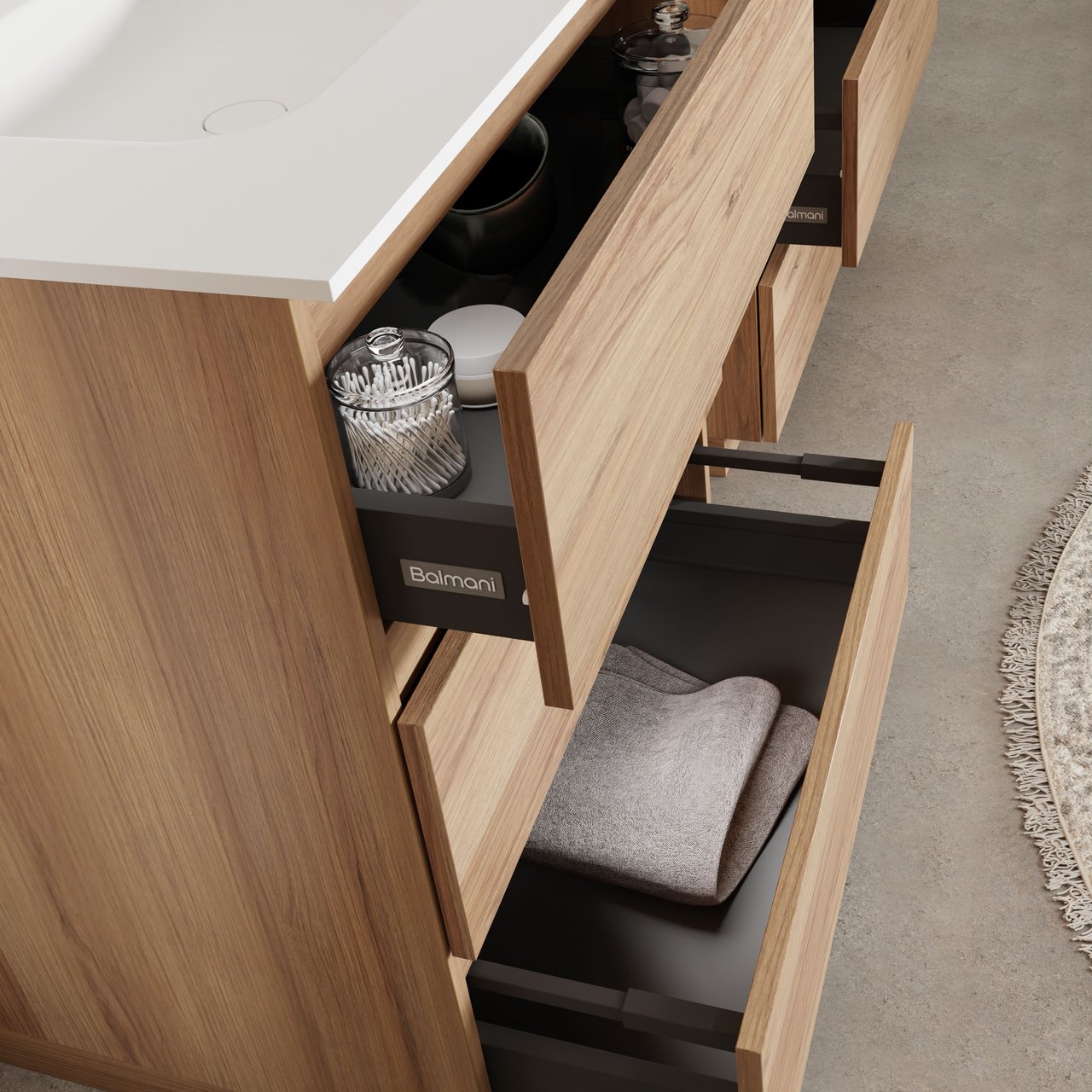 Balmani Lucida staand badkamermeubel 150 x 55 cm teak met Tablo Arcato dubbele wastafel in solid surface mat wit
