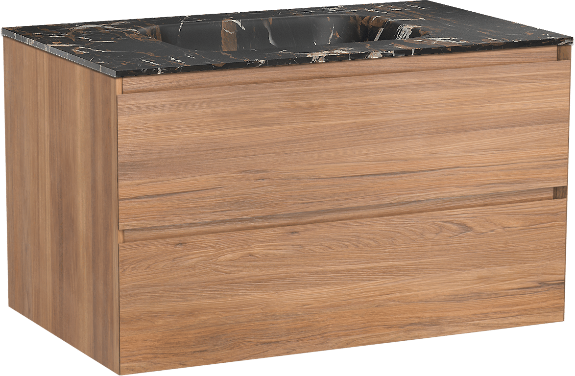 Balmani Mitra meuble salle de bains suspendu 90 x 55 cm teck avec Tablo Arcato plan simple en marbre portoro gold