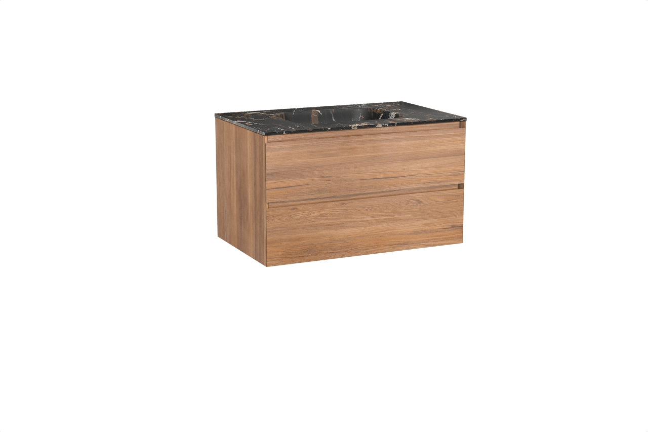 Balmani Mitra meuble salle de bains suspendu 90 x 55 cm teck avec Tablo Arcato plan simple en marbre portoro gold