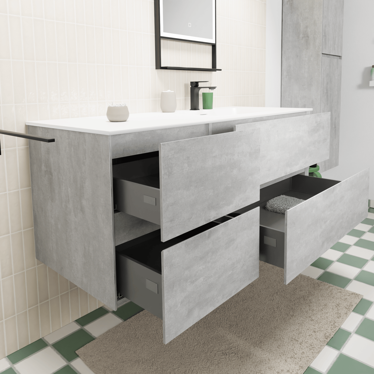 Storke Edge meuble salle de bains suspendu 130 x 52 cm béton gris foncé avec Mata plan vasque asymétrique à droite en solid surface blanc mat
