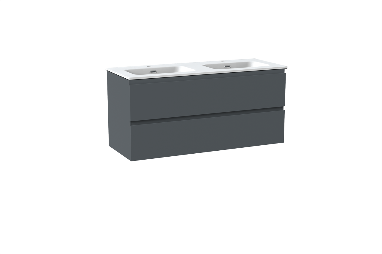 Linie Lado zwevend badkamermeubel 120 x 46 cm blauw antraciet met Baro dubbele wastafel in porselein mat wit