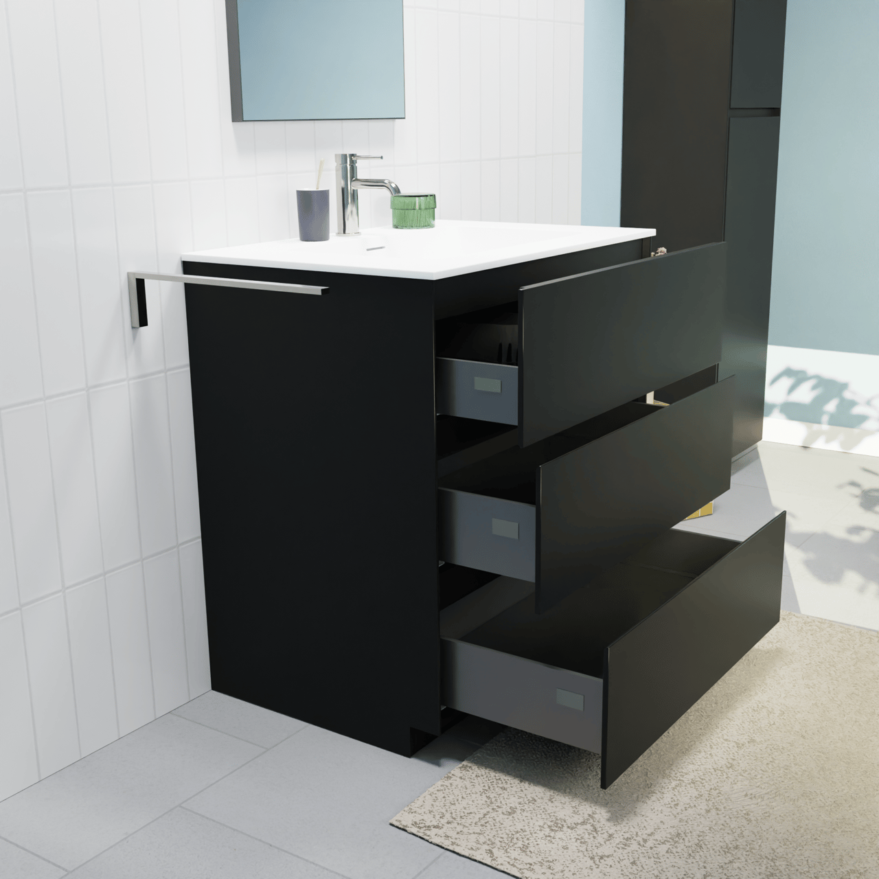 Storke Edge staand badmeubel 75 x 52 cm mat zwart met Mata enkele wastafel in solid surface mat wit