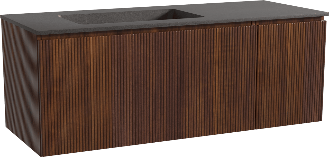 Storke Ribs zwevend badmeubel 130 x 52 cm notenhout met Scuro asymmetrisch linkse wastafel in kwarts mat zwart, Verticale symmetrische rechte ribbel