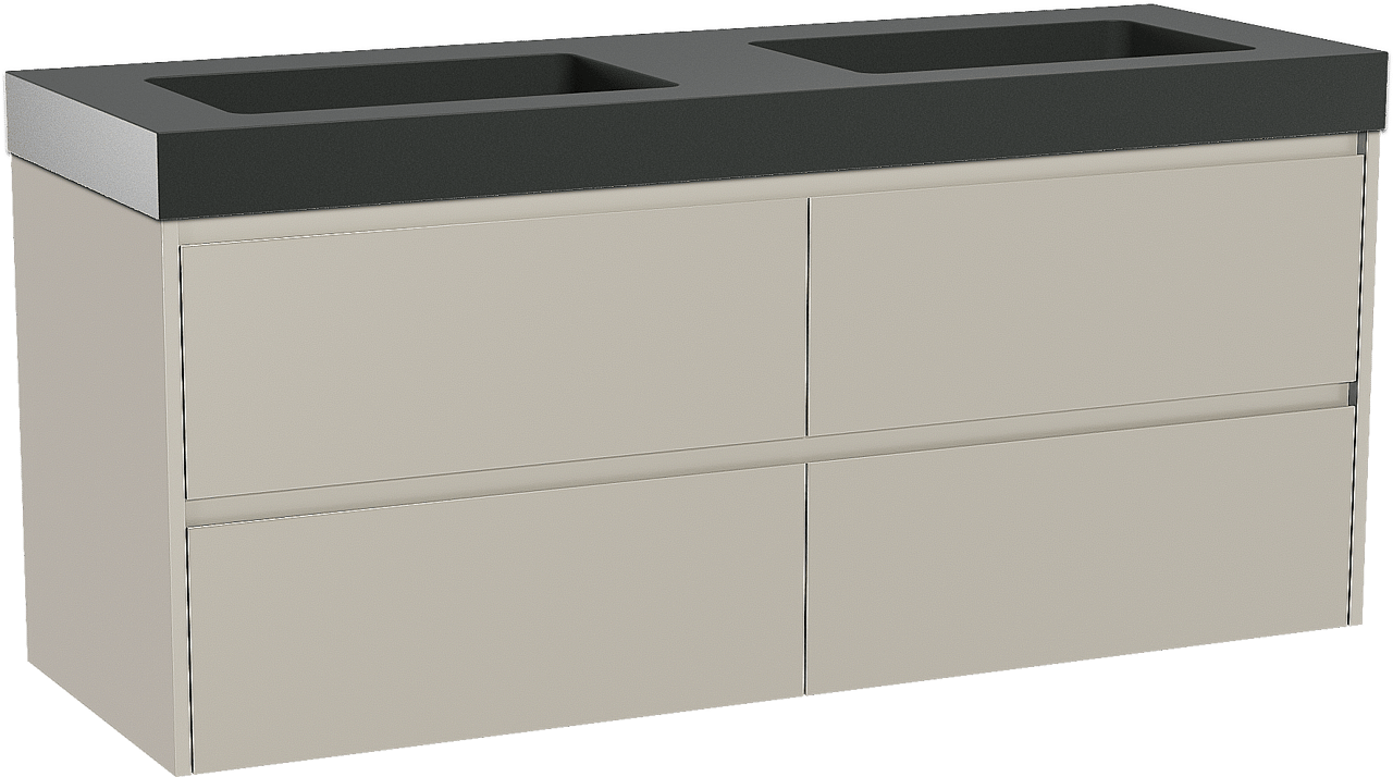 Storke Seda zwevend badmeubel 150 x 52 cm zijdegrijs met Scuro High dubbele wastafel in kwarts mat zwart