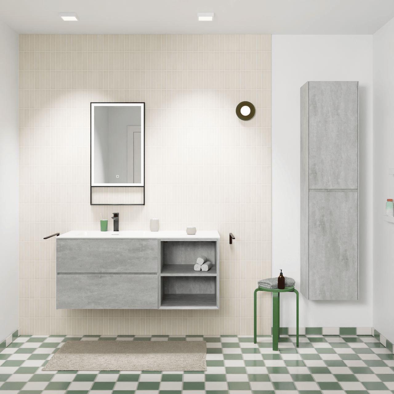 Storke Edge meuble salle de bains suspendu 120 x 52 cm béton gris foncé avec Mata plan vasque asymétrique à gauche en solid surface blanc mat