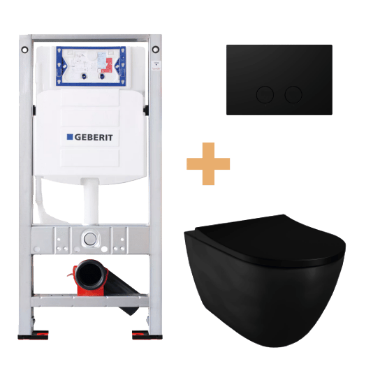 Luca Varess Vinto wc suspendu noir mat bride de rinçage ultra-fine avec abattant fin et Geberit Sigma réservoir de chasse encastré UP320 avec cadre Burda avec plaque de commande