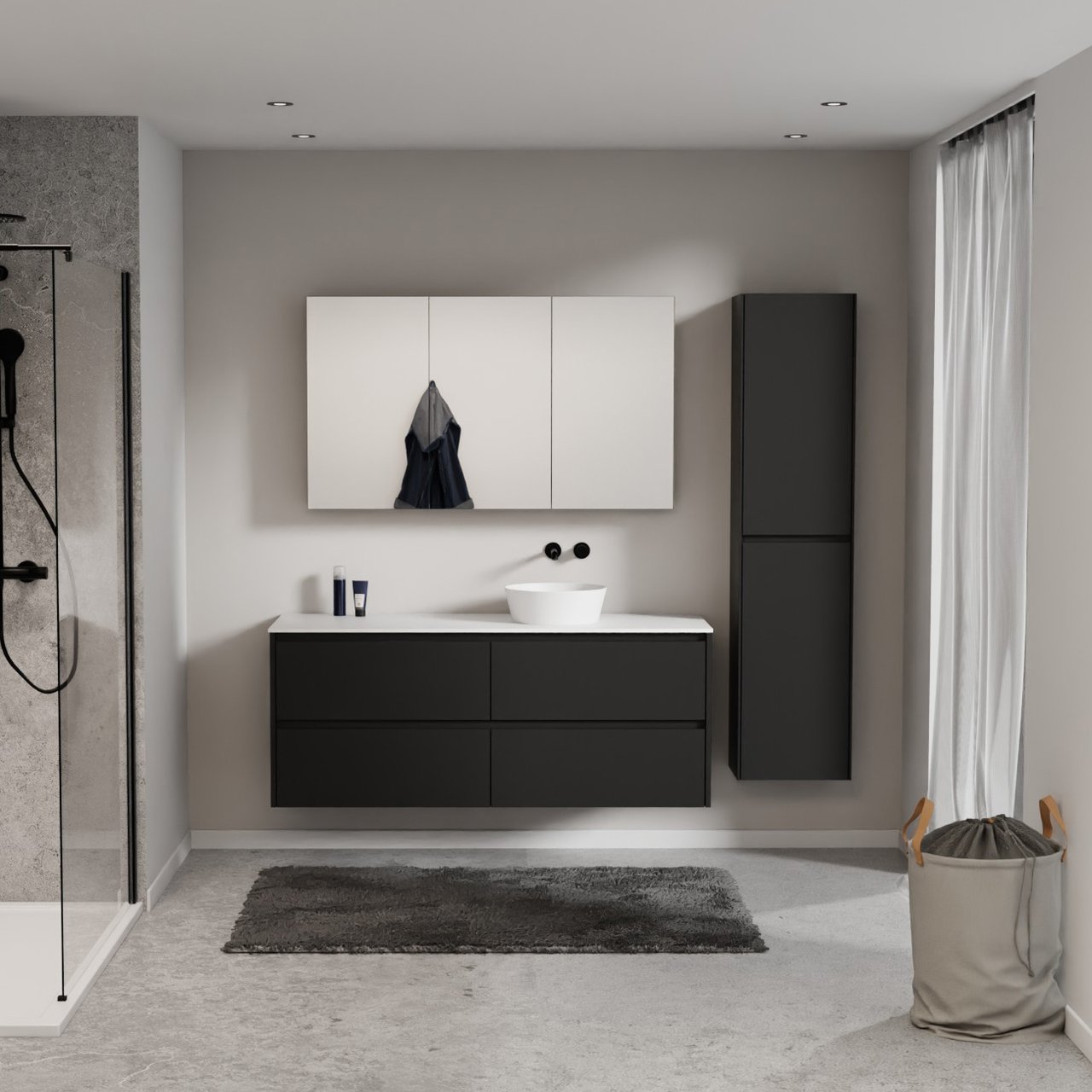 Storke Seda meuble salle de bains suspendu 150 x 52 cm noir mat avec Tavola tablette simple ou double en solid surface blanc mat