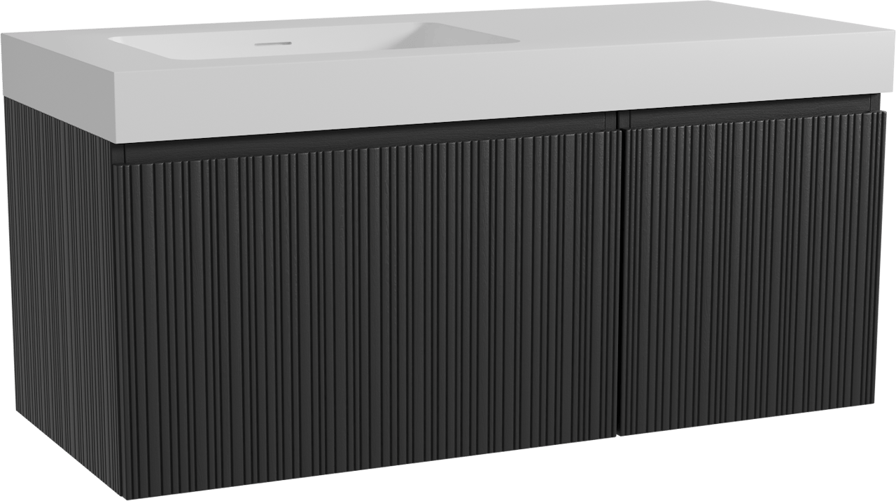 Storke Ribs zwevend badmeubel 120 x 52 cm zwart eiken met Mata High asymmetrisch linkse wastafel in solid surface mat wit, Verticale asymmetrische rechte ribbel
