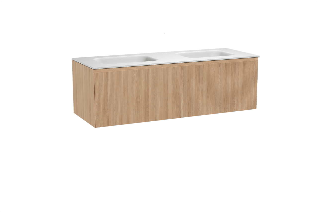 Balmani Fila meuble salle de bains suspendu 150 x 55 cm chêne naturel avec Tablo Arcato double vasque en solid surface blanc mat, Nervure droite symétrique verticale