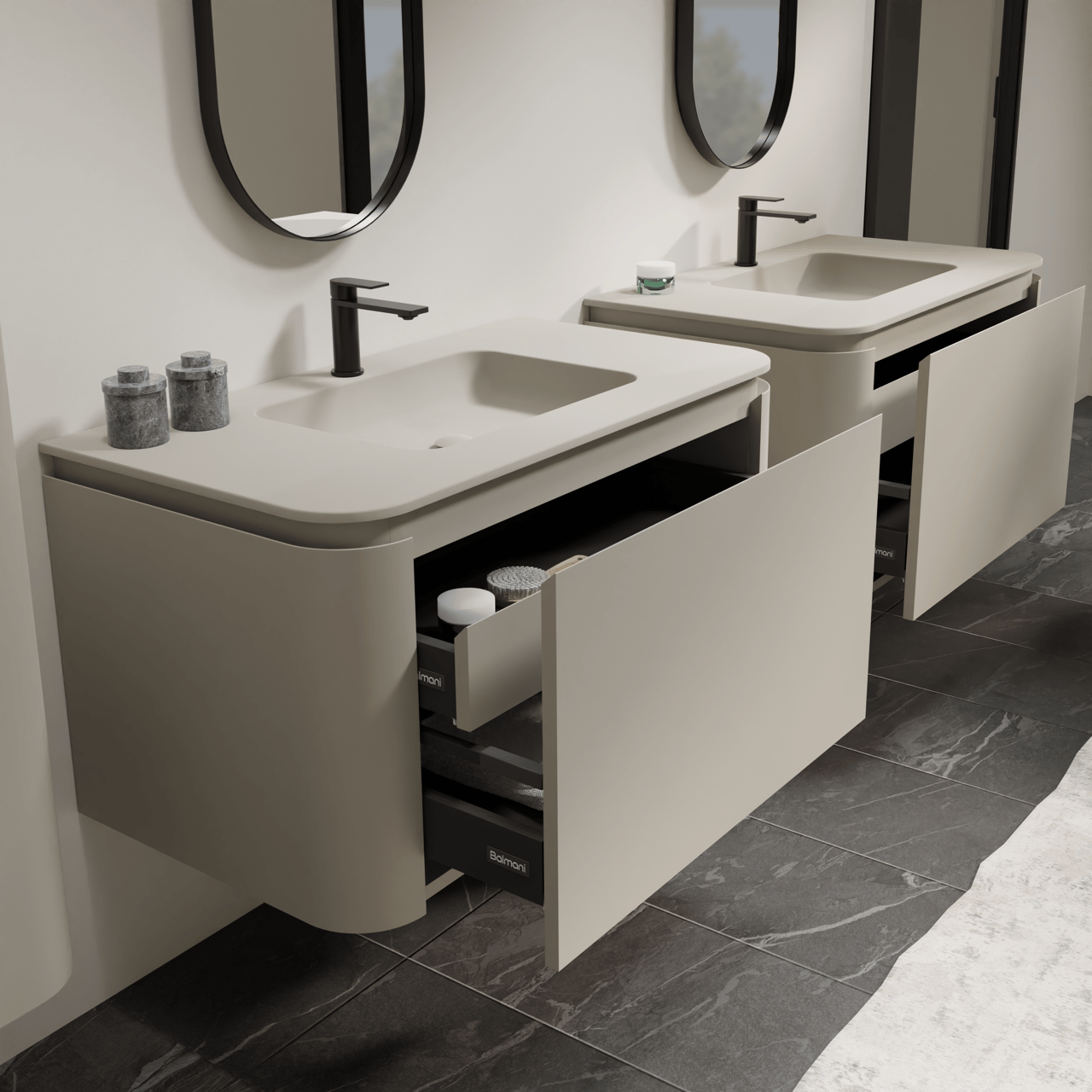 Balmani Moon hängendes Möbelstück Set: 100 x 55 cm, Seidengrau, mit Moon Einzelwaschtisch, Top Solid Seidengrau