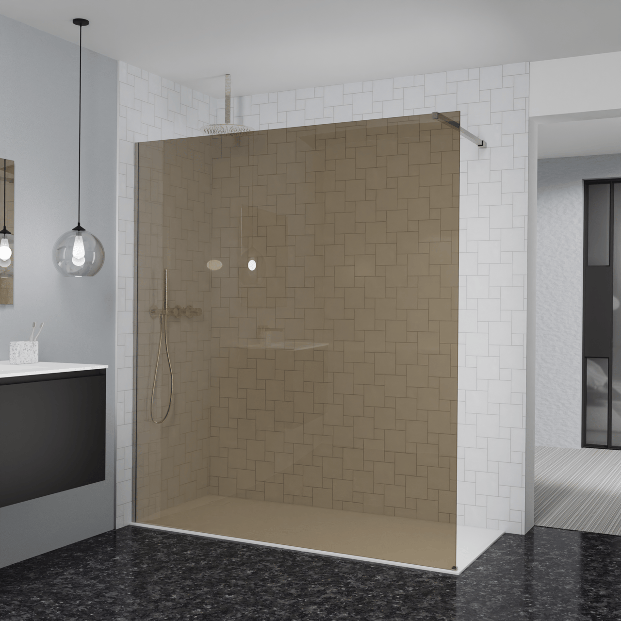Balmani Modular Walk-In Dusche: 180 x 200 cm, Bronze Glas, inklusive Coating, Profil Brushed CoolMetal