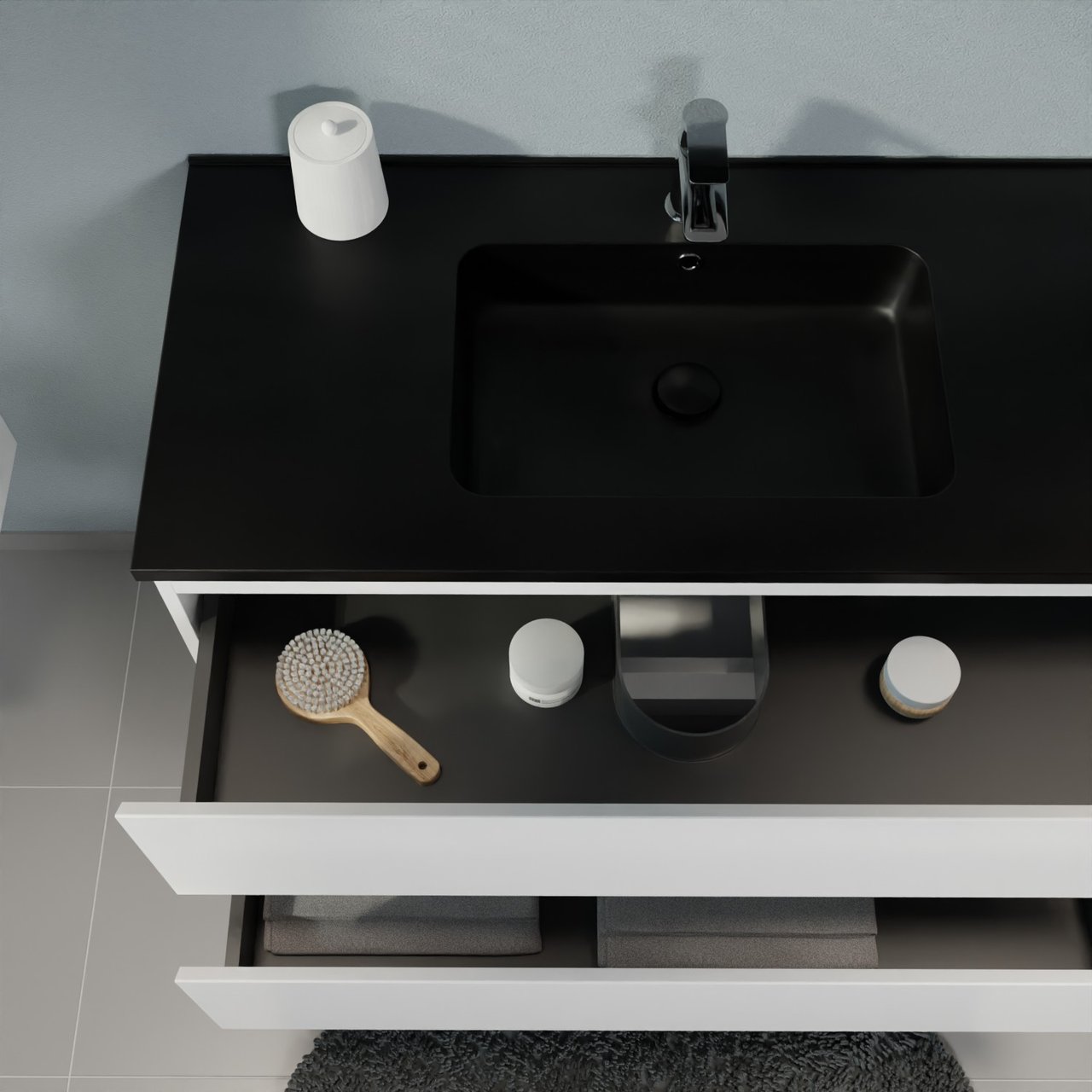 Linie Lado hängendes Möbelstück Set: 120 x 46 cm, Weiß matt, mit Vano Waschtisch rechts, Marmorkomposit Schwarz matt