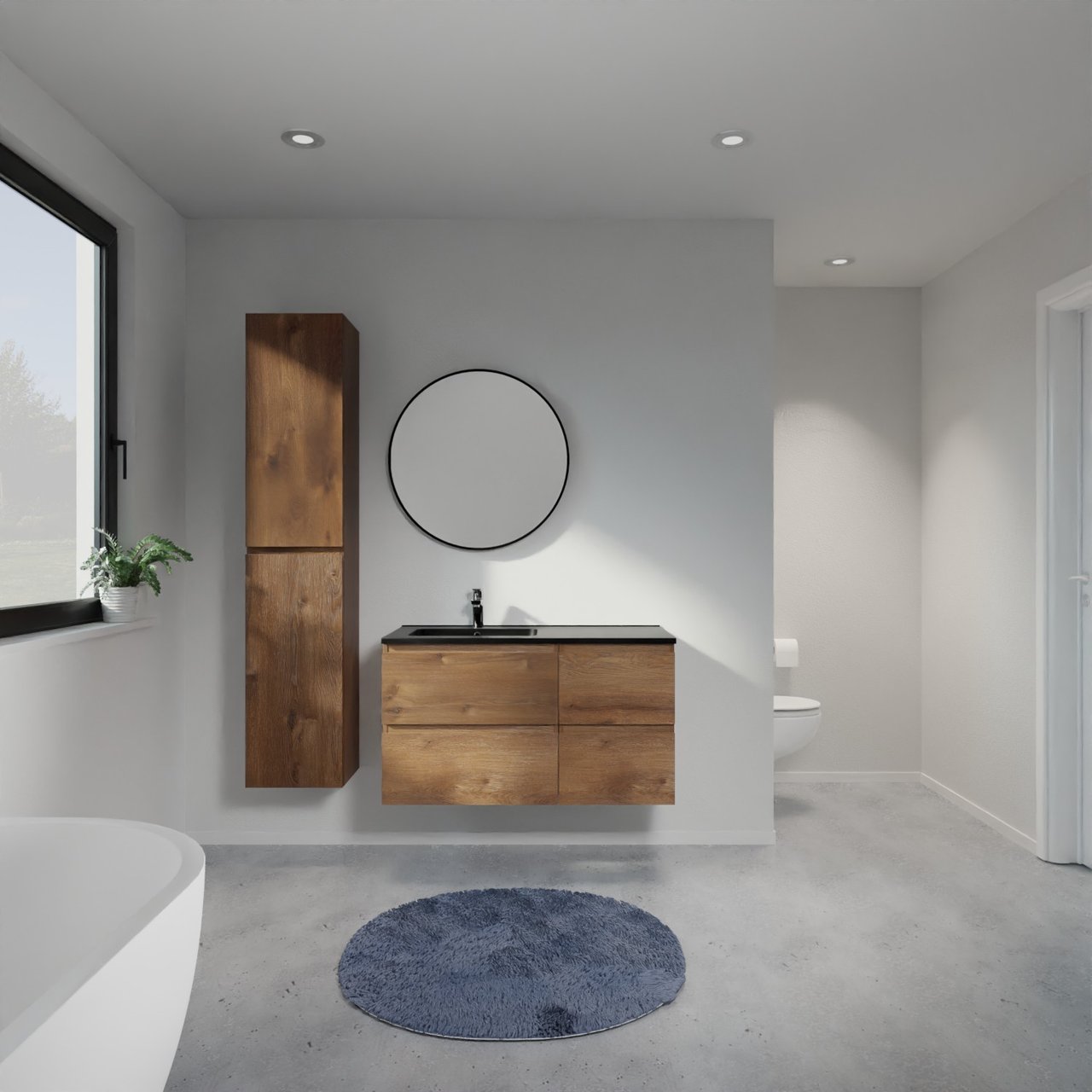 Linie Lado hängendes Möbelstück Set: 100 x 46 cm, Braune Eiche, mit Vano Waschtisch links, Marmorkomposit Schwarz matt