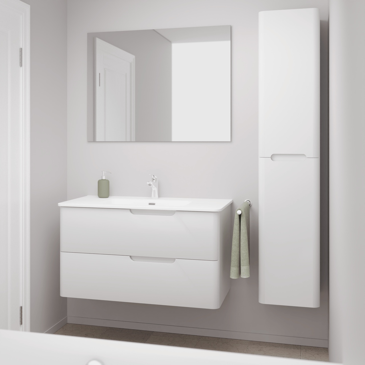 Linie Curvo meuble salle de bains suspendu 100 x 46 cm blanc brillant avec Baro Curvo plan simple en porcelaine blanc brillant et Curvo colonne salle de bains