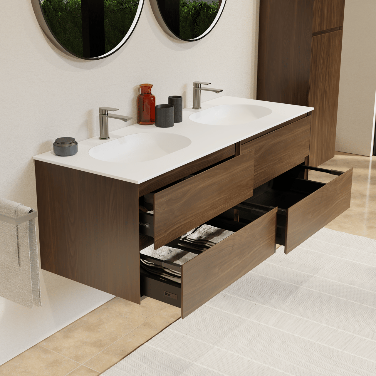 Balmani Mitra zwevend badkamermeubel 150 x 55 cm amerikaanse notelaar met Tablo Oval dubbele wastafel in solid surface mat wit