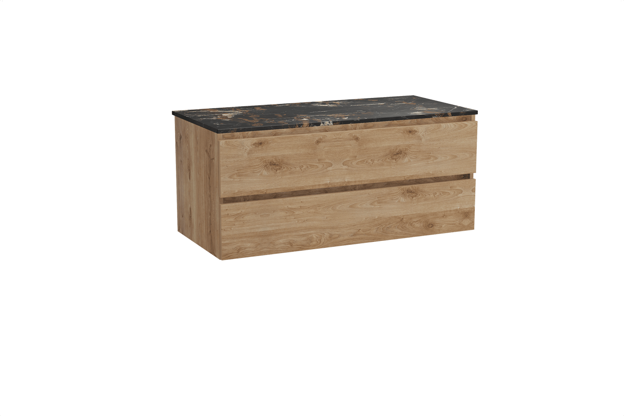 Balmani Lucida hängendes Möbelstück Set: 120 x 55 cm, Rohe Eiche, mit Stretto Einzel Waschtischplatte, Marmor Portoro Gold