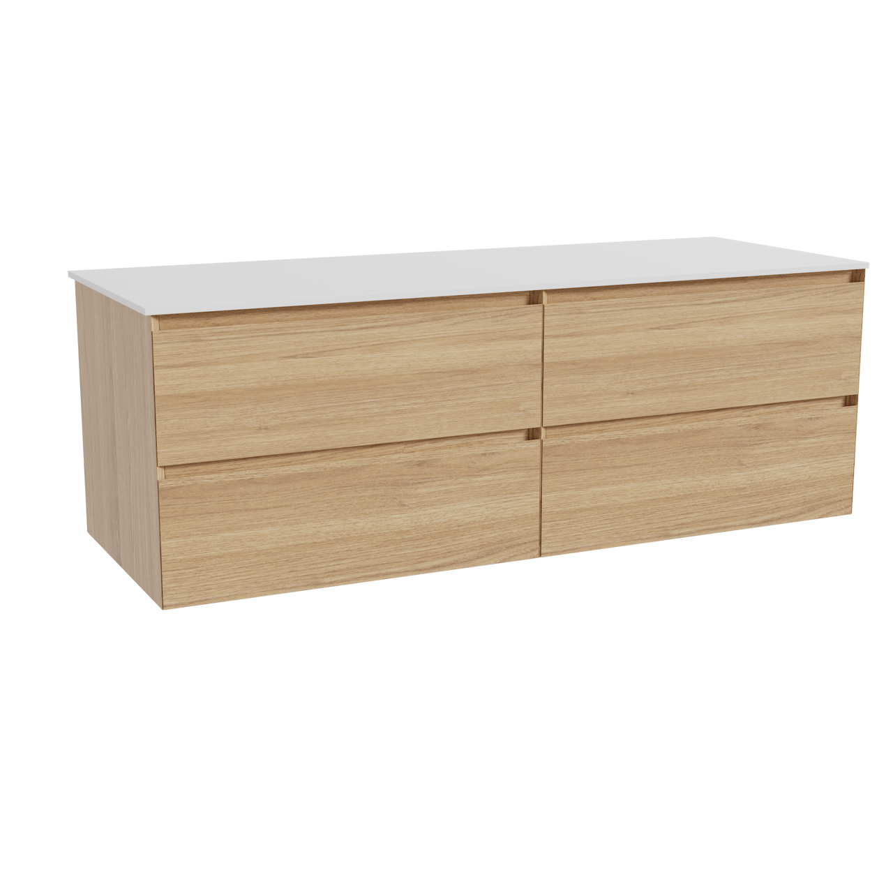 Balmani Mitra zwevend badkamermeubel 150 x 55 cm natuur eik met Stretto enkel of dubbel tablet in solid surface mat wit