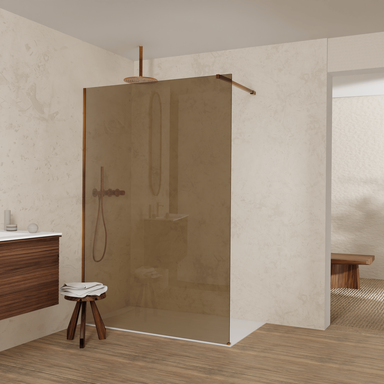 Balmani Modular douche à l'italienne: 140 x 200 cm, Verre bronze, avec coating, Profil Brushed Rosegold