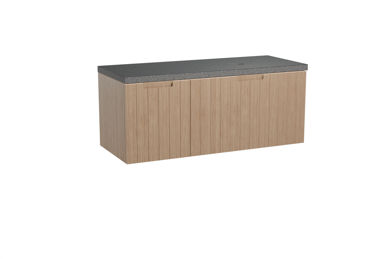 Balmani Adagio meuble salle de bains suspendu 135 x 55 cm chêne vieilli avec Rock plan vasque asymétrique à droite en granit noir