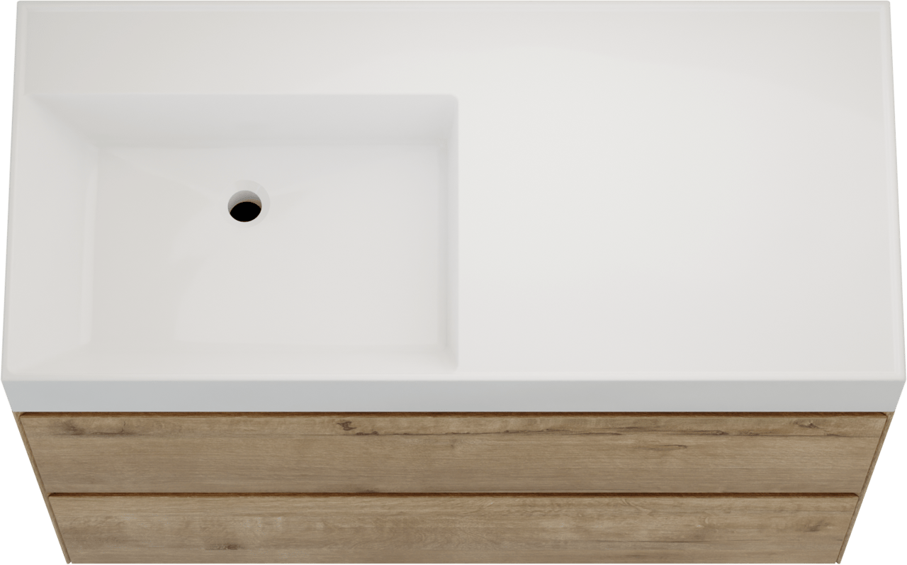 Balmani Mitra Compact hängendes Möbelstück Set: 100 x 46 cm, Eiche Rau, mit Argila Waschtisch links Marmorkomposit Weiβ glänzend