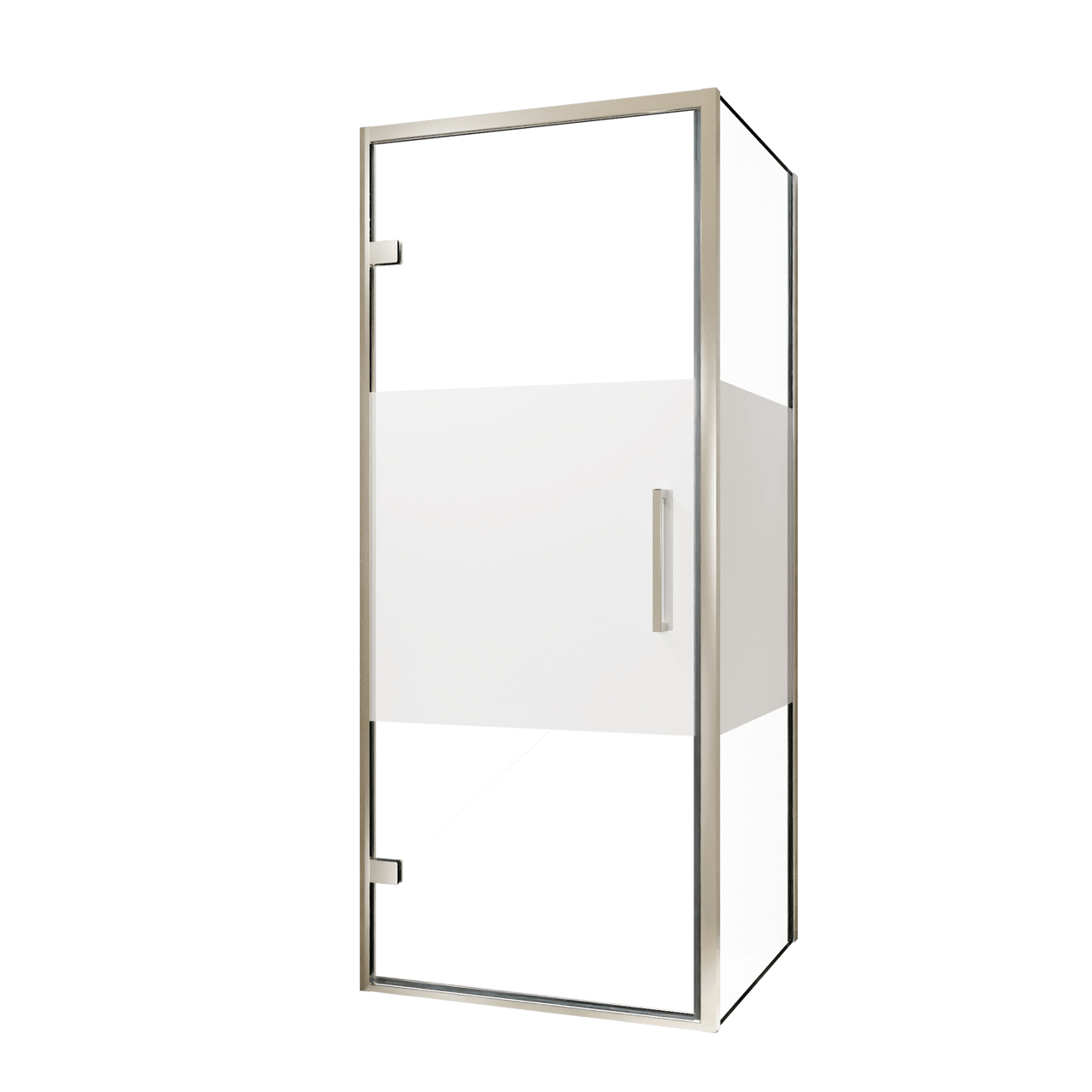 Balmani Senses Design douchecabine met linkse draaideur en vaste zijwand, 90 x 90 cm, Helder glas met matte strook, Brushed CoolMetal profielen