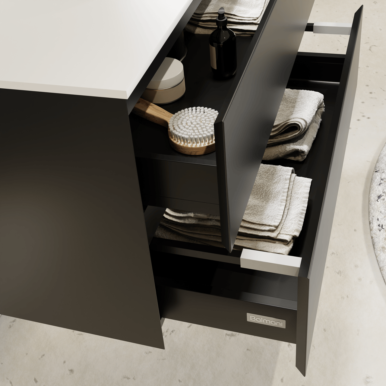 Balmani Mitra meuble salle de bains suspendu 90 x 55 cm noir mat avec Stretto tablette simple en solid surface blanc mat