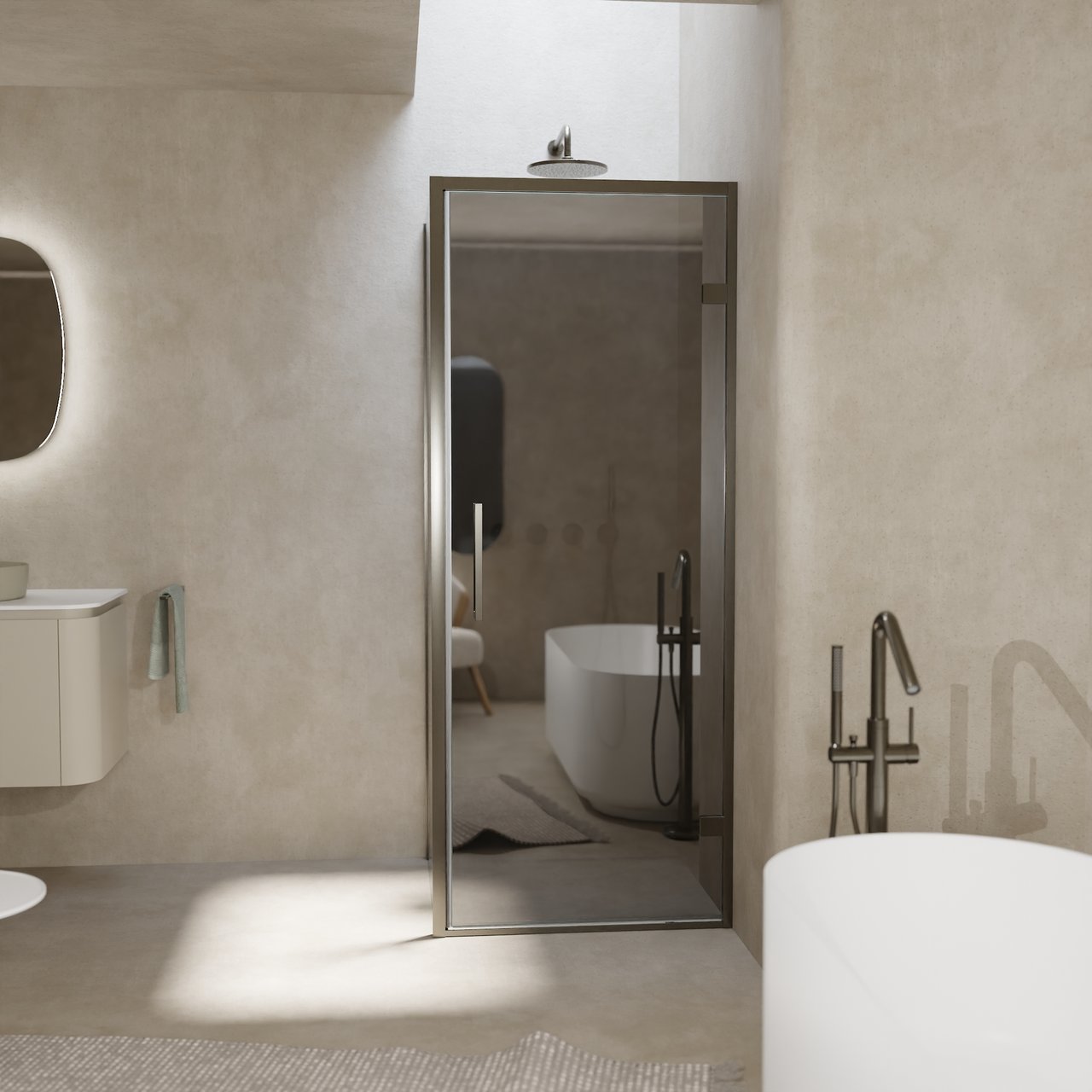 Balmani Senses Design Eckdusche: Drehtür (Rechts) mit fixierte Seitenwand, 90 x 80 cm, Reflex-Spiegelglas, Profil Brushed GunMetal