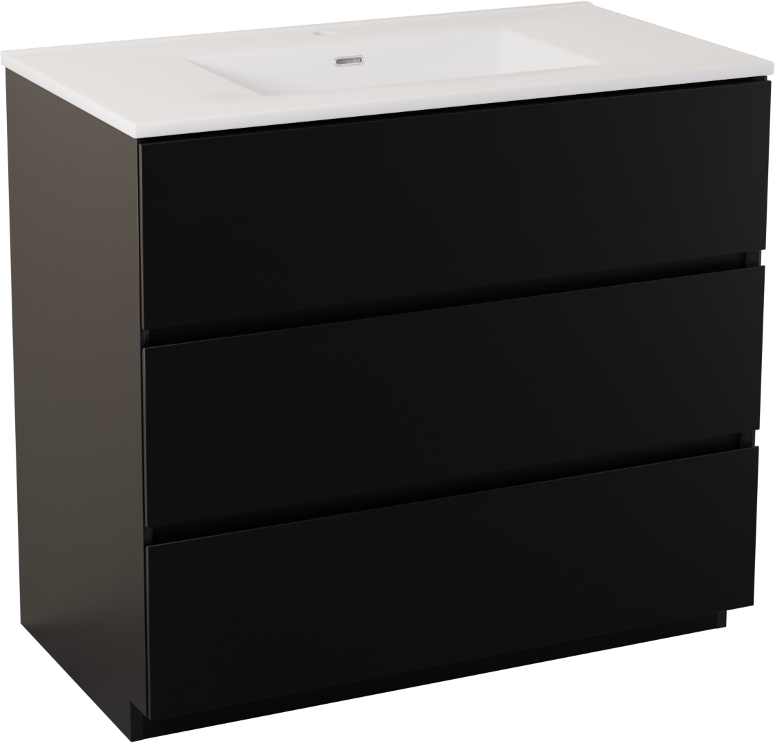 Storke Edge meuble salle de bains à poser 95 x 52 cm noir mat avec Kera plan simple en céramique blanc brillant, crépine incluse