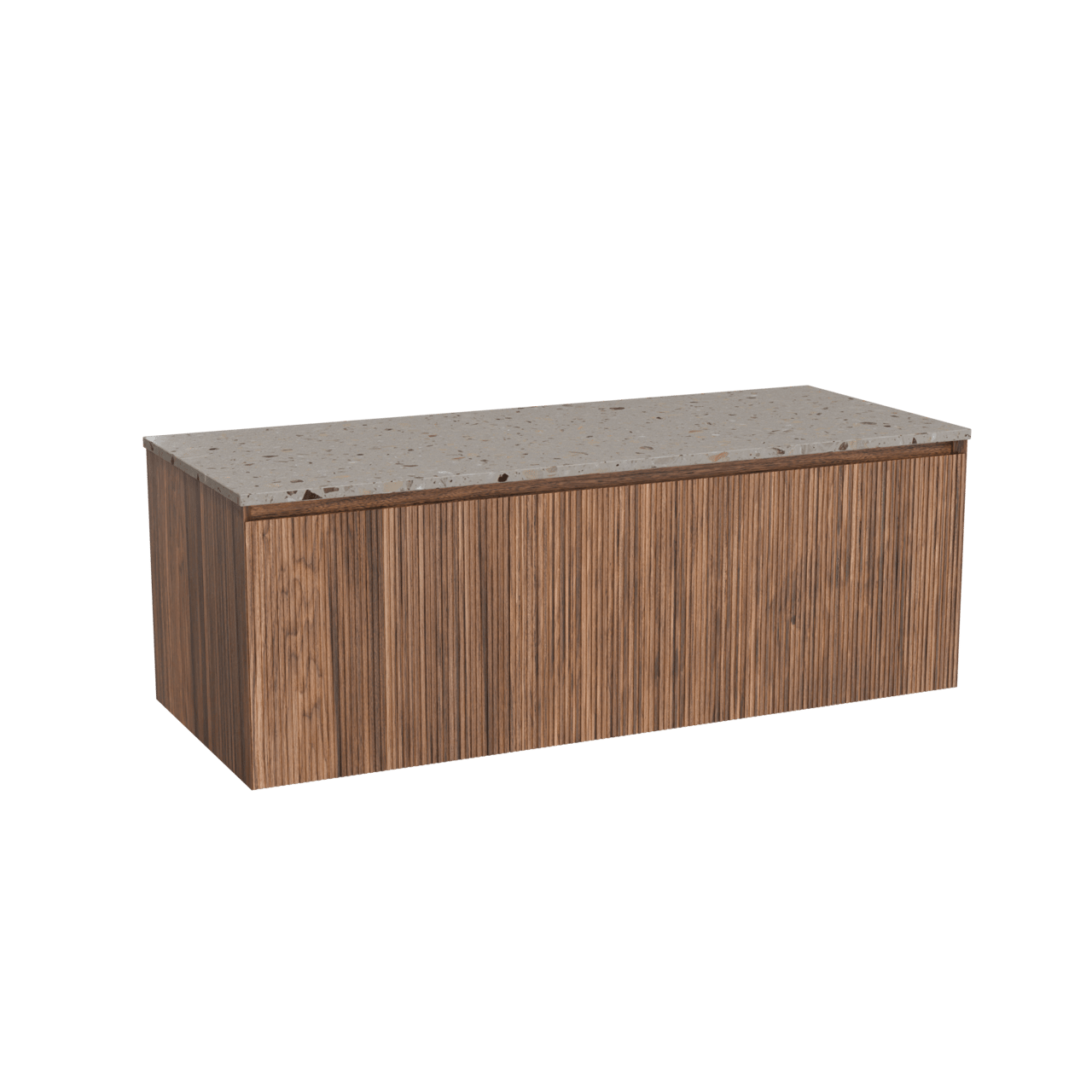 Balmani Fila hängendes Möbelstück Set: 135 x 55 cm, Nussbaum, mit Stretto Einzel- oder Doppel Waschtischplatte, Terrazzo in Greige, Vertikale symmetrische gerade Rippe