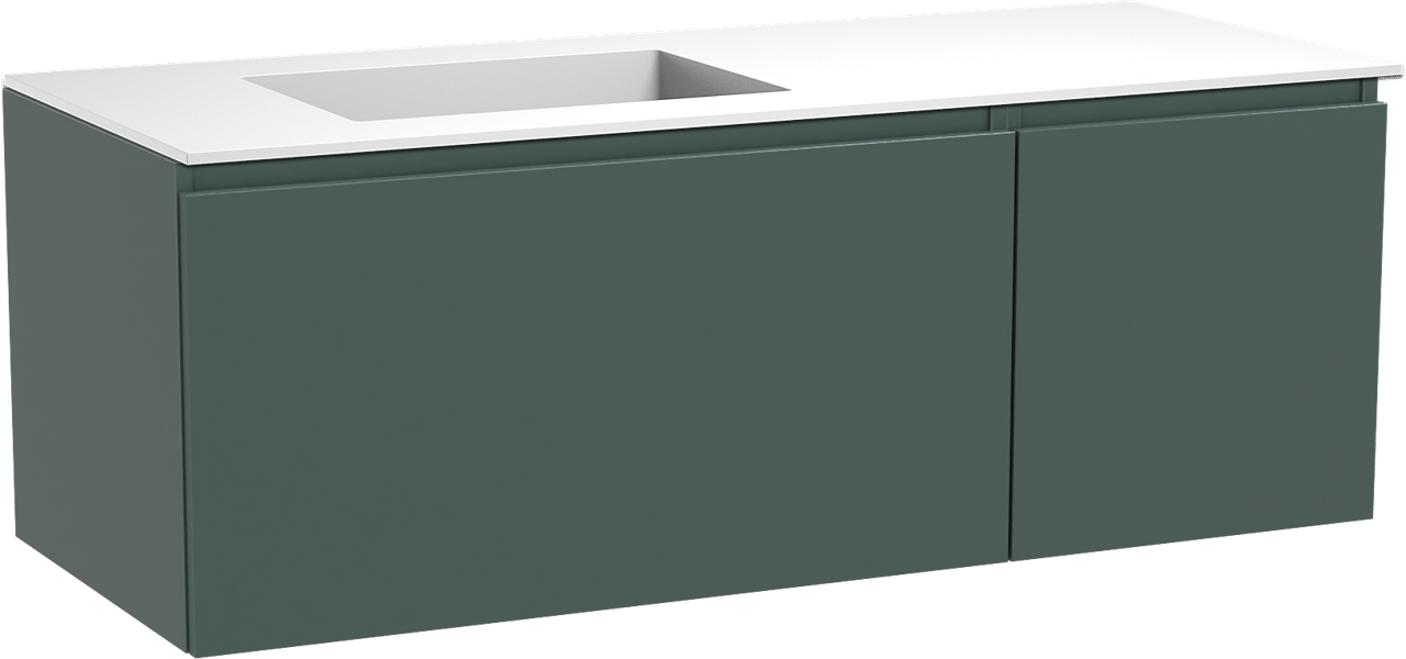 Balmani Sfera hängendes Möbelstück Set: 135 x 55 cm, Forest, mit Tablo Stretto Waschtisch links, Solid Surface Weiß matt