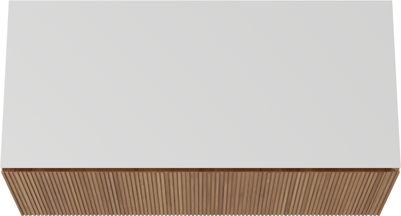 Balmani Eclips meuble salle de bains suspendu 120 x 55 cm Teck avec Eclips tablette simple ou double en Solid Surface blanc mat, Nervure droite symétrique verticale