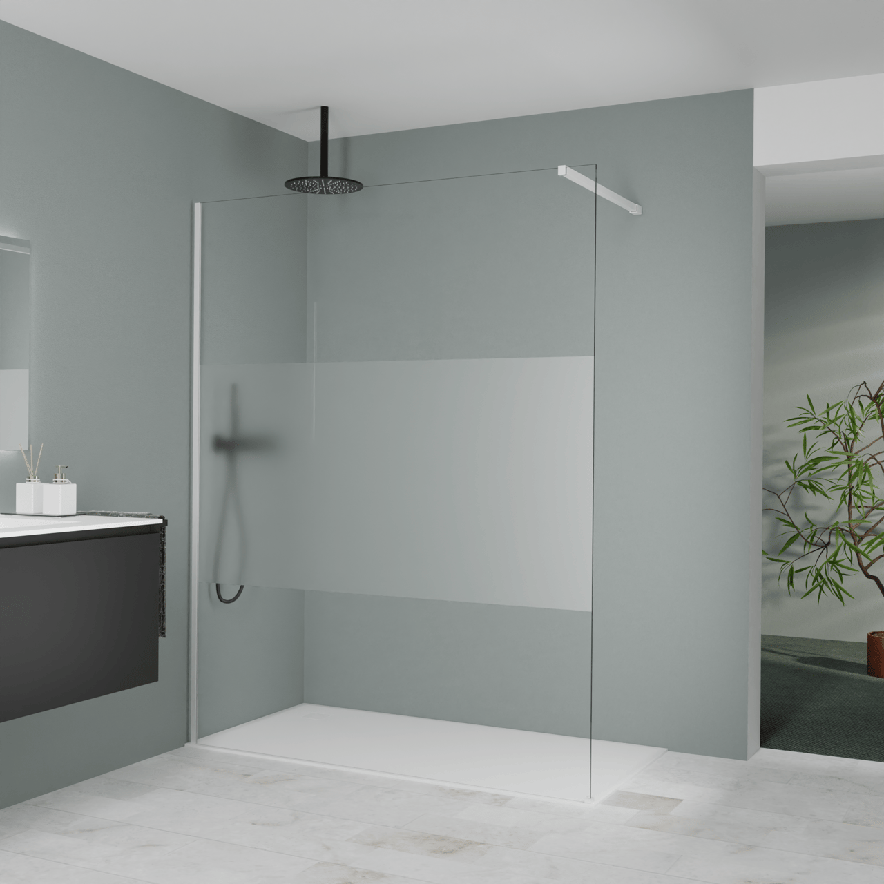 Balmani Modular Walk-In Dusche: 160 x 200 cm, Klarglas mit mattiertem Streifen, Profil Weiß matt