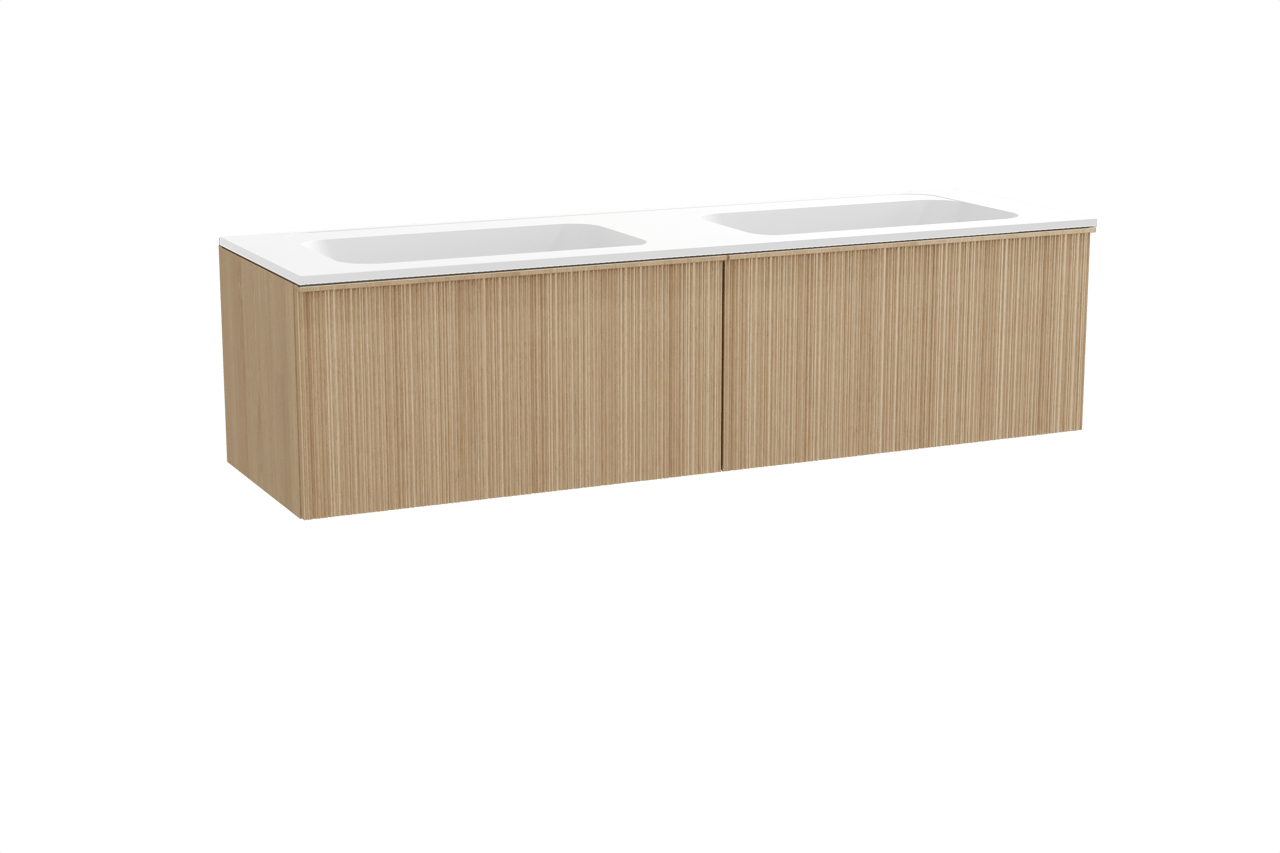 Balmani Forma hängendes Möbelstück Set: 180 x 55 cm, Naturbelassene Eiche, mit Tablo Strada Doppelwaschtisch, Marmorkomposit, Weiß matt, Vertikale asymmetrische Runde Rippe