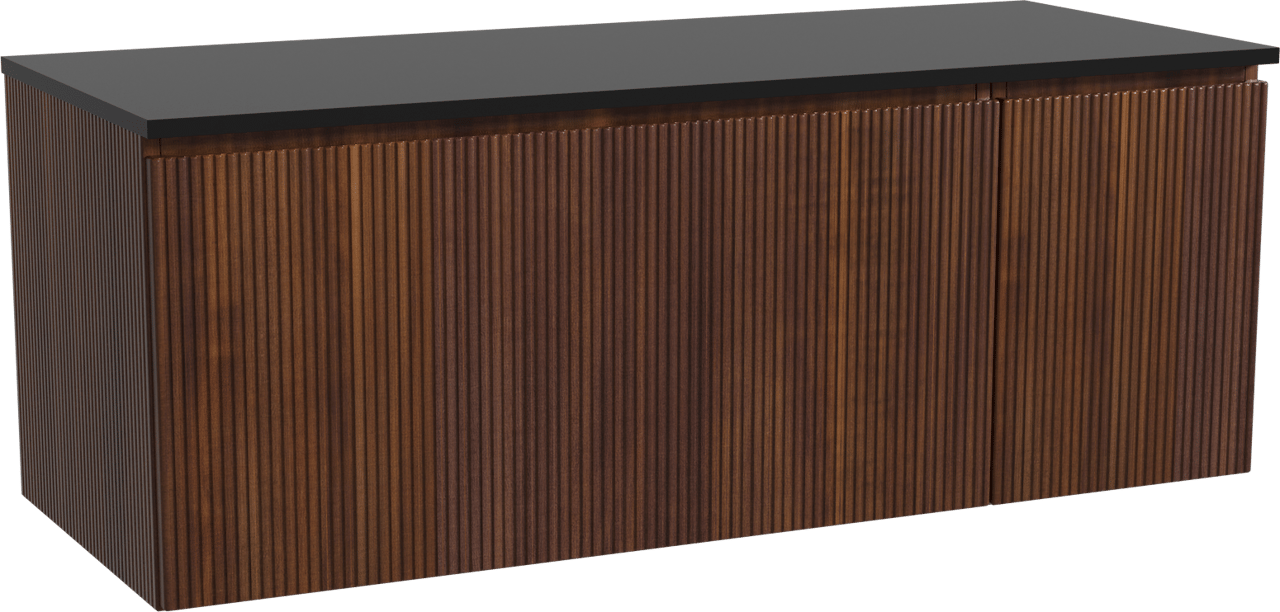 Storke Ribs zwevend badmeubel 130 x 52 cm notenhout met Panton enkel of dubbel wastafelblad in gepoedercoate mdf mat zwart, Verticale symmetrische rechte ribbel