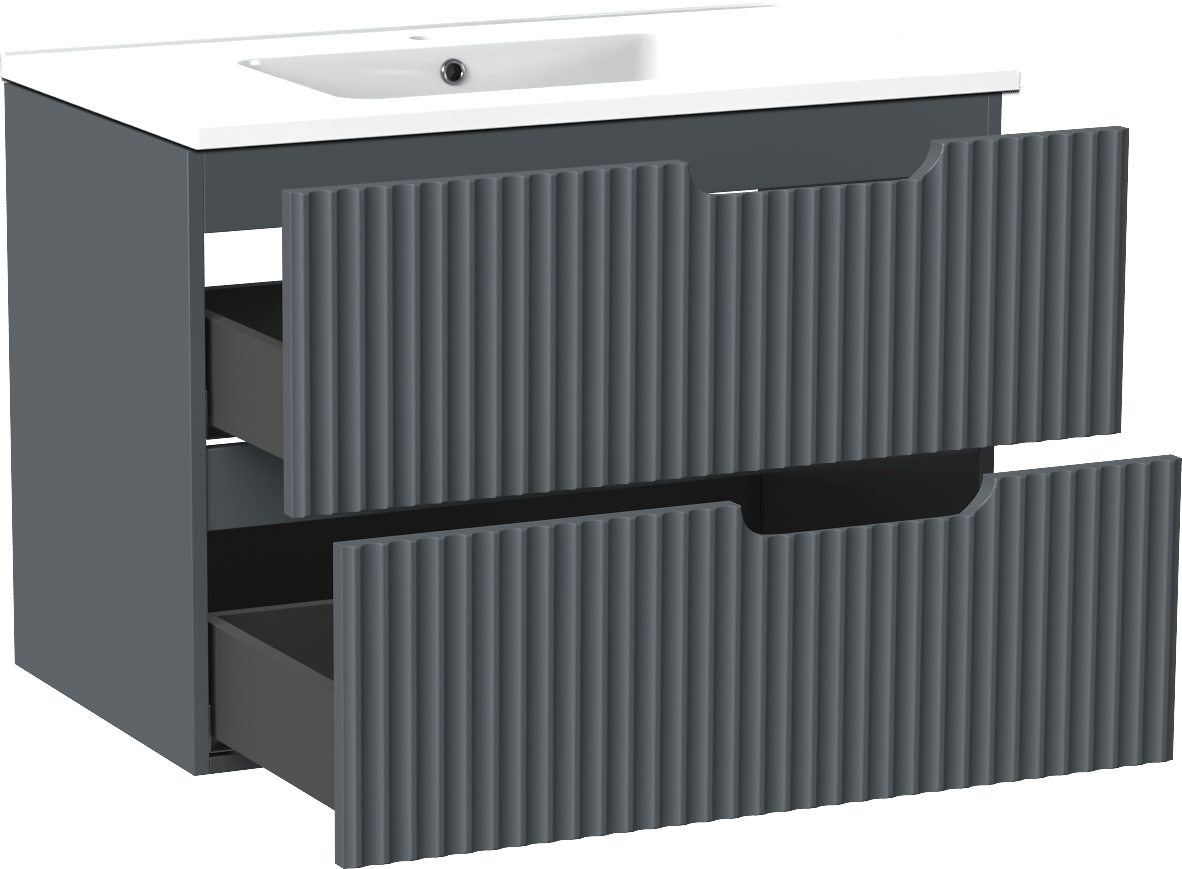 Linie Ribbo zwevend badmeubel 80 x 46 cm blauw antraciet met Vano enkele wastafel in composietmarmer hoogglans wit, Verticale symmetrische ronde ribbel