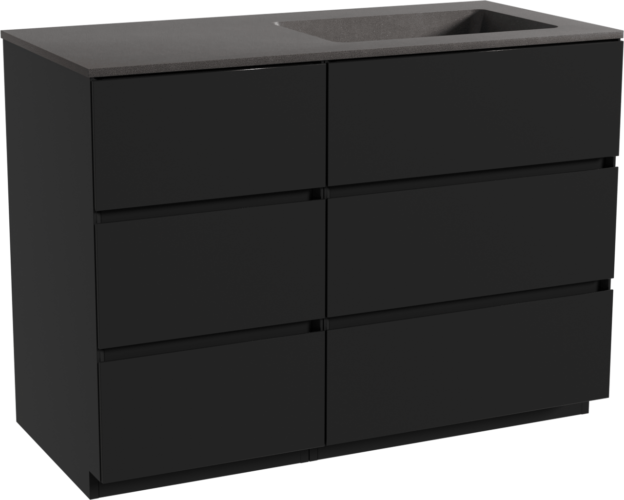 Storke Edge staand badkamermeubel 110 x 52 cm mat zwart met Scuro asymmetrisch rechtse wastafel in kwarts mat zwart