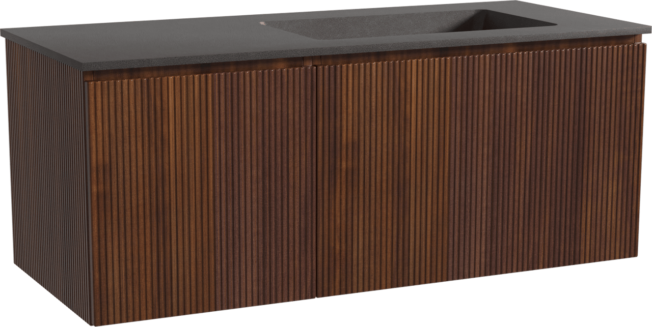 Storke Ribs zwevend badmeubel 120 x 52 cm notenhout met Scuro asymmetrisch rechtse wastafel in kwarts mat zwart, Verticale symmetrische rechte ribbel