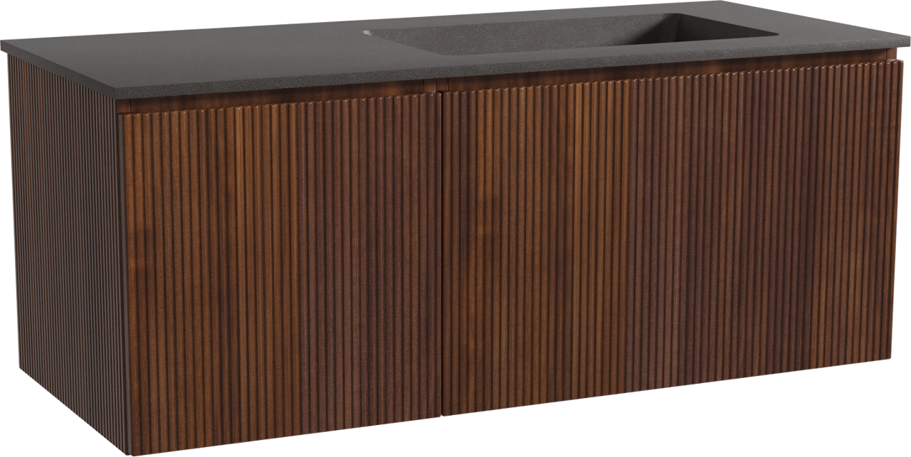 Storke Ribs hängendes Möbelstück Set: 120 x 52 cm, Nussbaum, mit Scuro Waschtisch rechts, Quarz, Schwarz matt, Vertikale symmetrische gerade Rippe