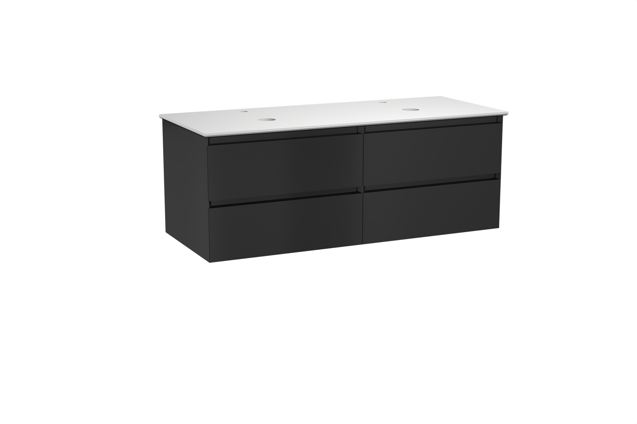 Balmani Mitra zwevend badmeubel 135 x 55 cm mat zwart met Facetta dubbel wastafelblad in solid surface mat wit