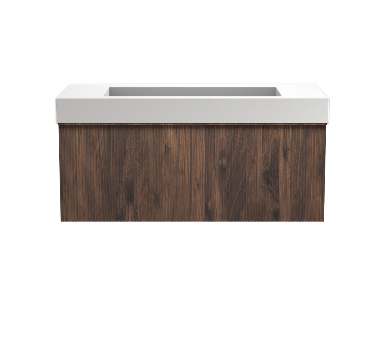 Balmani Forma hängendes Möbelstück Set: 120 x 55 cm, Amerikanischer Nussbaum, mit Modus Einzelwaschtisch für 2 Armaturenlöcher, Solid Surface, Weiß matt, Vertikale symmetrische gerade Rippe