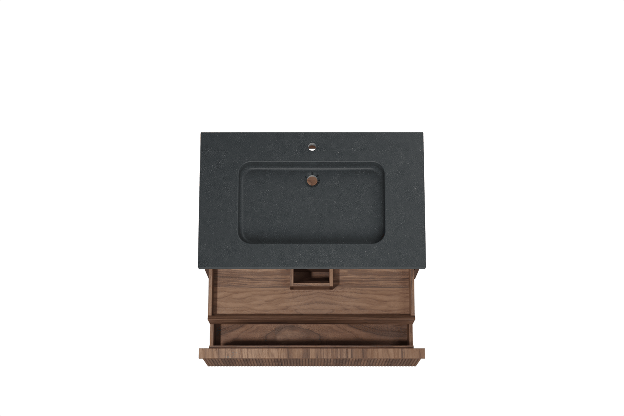 Balmani Forma hängendes Möbelstück Set: 90 x 55 cm, Amerikanischer Nussbaum, mit Napoli Einzelwaschtisch, Granit, Schwarzes Granit, Vertikale symmetrische gerade Rippe