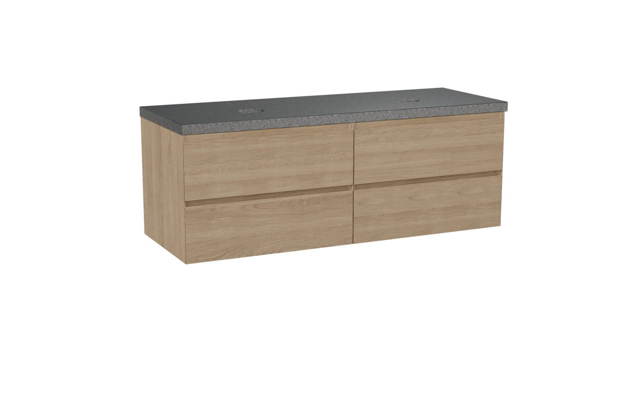 Balmani Mitra hängendes Möbelstück Set: 150 x 55 cm, Naturbelassene Eiche, mit Rock Doppel Waschtischplatte, Schwarzes Granit