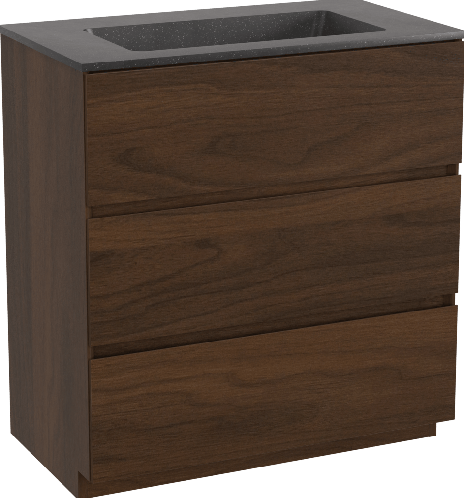 Storke Edge freistehendes Möbelstück Set: 80 x 46 cm, Nussbaum, mit Scuro Einzelwaschtisch, Quarz Schwarz matt