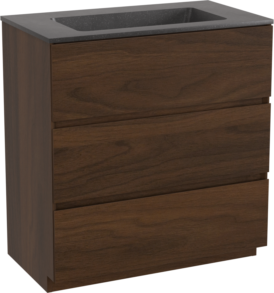 Storke Edge freistehendes Möbelstück Set: 80 x 46 cm, Nussbaum, mit Scuro Einzelwaschtisch, Quarz Schwarz matt